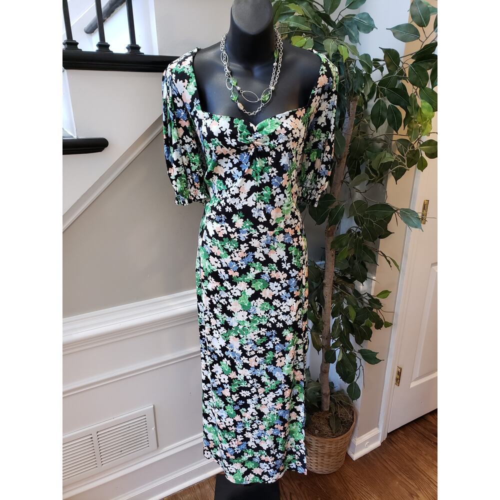 H&M Long Maxi Dress Womens XL Multi Floral Puff Sleeve Sweetheart Neck Back Zip